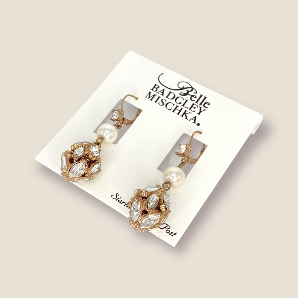 NEW Badgley Mischka Crystal Cluster Pendant Drop Gold Pearl Wedding Earrings
